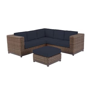 Fernlake 4-Piece Brown Wicker Outdoor Patio Sectional Sofa with CushionGuard Midnight Navy Blue Cushions