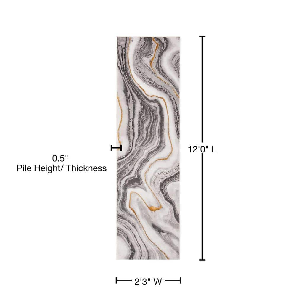 Abstract Grey and Gold Hand-Knotted Synthetic Runner Rug