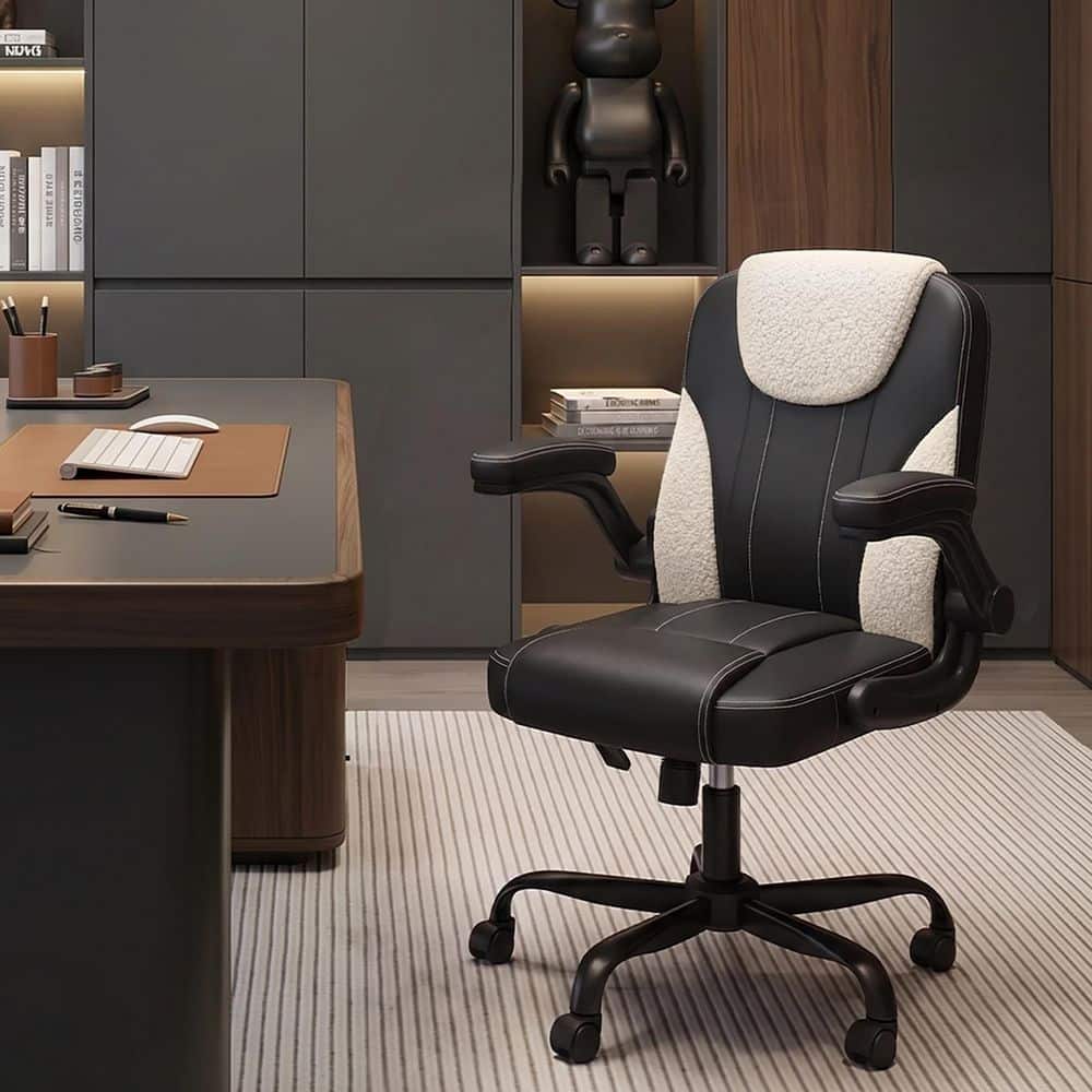 Ergonomic PU Leather Swivel Executive Chair in Black&White with Adjustable Height,Lumbar Support,Flip-Up Arms for Office