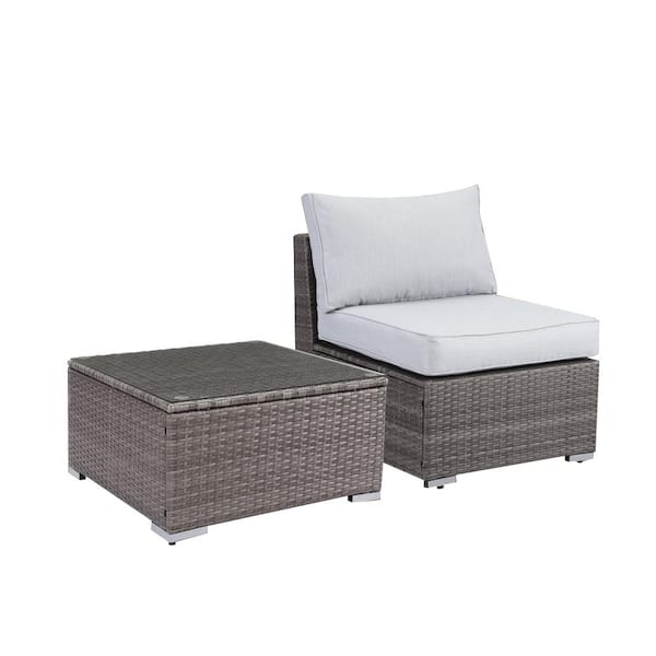 Unbranded 2-Pieces Wicker Outdoor Armless Sofa Couch, Patio Single Rattan Furniture with End Side Table and Gray Cushions