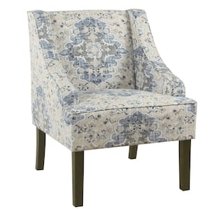 33.25 in. H Blue, Cream and Brown Fabric Upholstered Wooden Accent Chair with Swooping Armrests