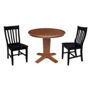 Aria Distressed Oak/Black Solid Wood 36 in Round Top Pedestal Dining Table Set with 2 Cafe Chairs, Seats 2