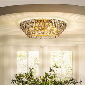 28 in. 8-Lights 4-Tier Mid Century Modern Glam Antique Gold Round Flush Mount Ceiling light with Crystal