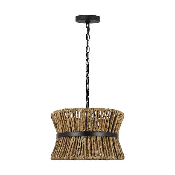 Thurlo 14.25 in. W x 9.5 in. H 2-Light Midnight Black Transitional Pendant Light with Natural Abaca Rope Steel Shade