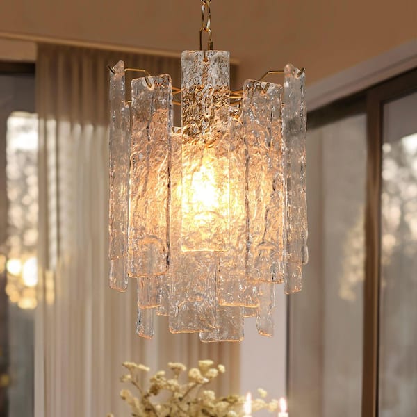 LNC Glacia Luxury 9.4 in. 1-Light Plated Brass Chandelier Waterfull Pendant Light with Handmade Glacier Crystal Glass