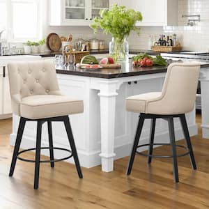 Roman 26.5 in. Line Fabric Upholstered Solid Wood Leg Counter Height Swivel Bar Stool With Back（Set of 2）