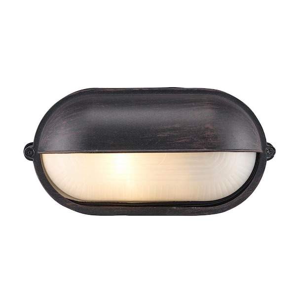 Bel Air Lighting Mesa II 1-Light Rust Oval Bulkhead Outdoor Wall Light Fixture with Ribbed Glass