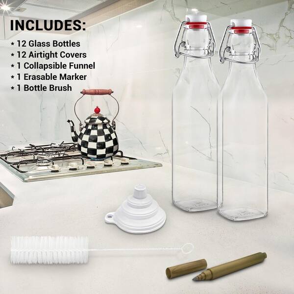 6 Pack 33 oz. Glass Bottles with Swing Top Stoppers, Bottle Brush, Fun