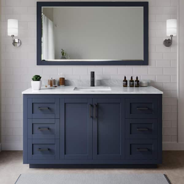 Wyndham Collection Miranda 66 in. W x 22 in. D x 33.75 in. H Single Bath Vanity in Dark Blue with White Carrara Marble Top