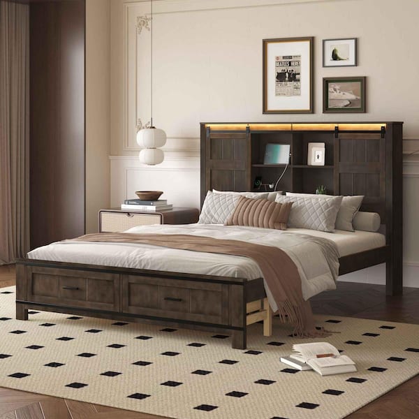 Antique Brown Wood Frame Queen Size Platform Bed with Barn Door Design Headboard, USB and 2-Drawers