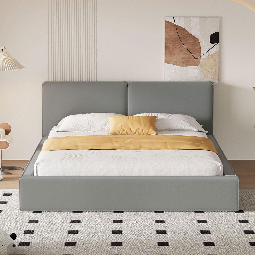Gray Wood Frame Queen Size Platform Bed with Velvet Fabric, Solid Frame