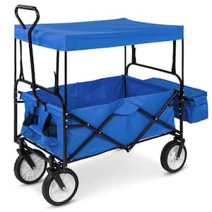 24 in. x 39 in. Utility Cargo Wagon Foldable Cart w/Removable Canopy, Cup Holders in Blue