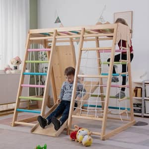 Avenlur Magnolia Indoor Wood 6-in-1 Playset, Slide, Rock Climb Wall, Rope Wall Climbing - Large, Colored Bars