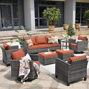 Neptune Gray 8-Piece Wicker Patio Conversation Seating Sofa Set with Orange Red Cushions and Swivel Rocking Chairs