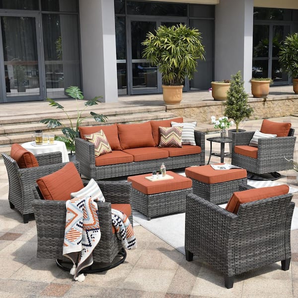 XIZZI Neptune Gray 8-Piece Wicker Patio Conversation Seating Sofa Set with Orange Red Cushions and Swivel Rocking Chairs