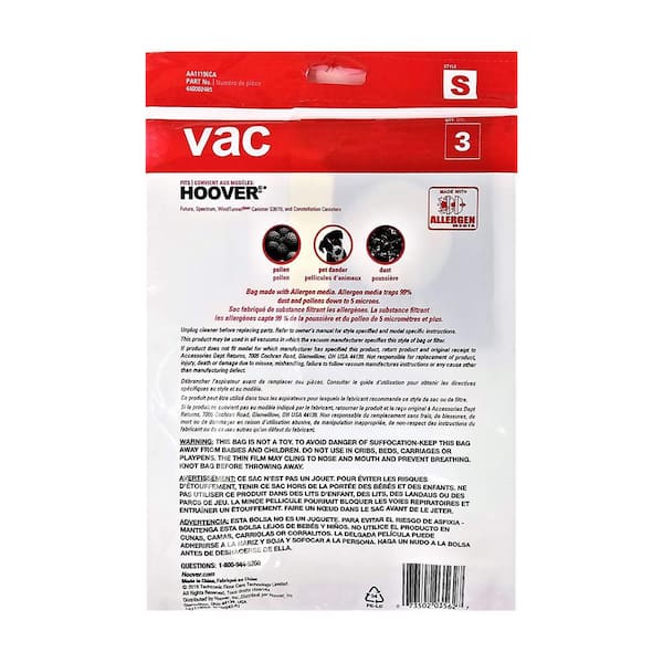 Vac Hoover Type-S Allergen Bags (3-Pack), Allergen Media Filtration, Compatiable with Hoover Type-S Upright Vacuums