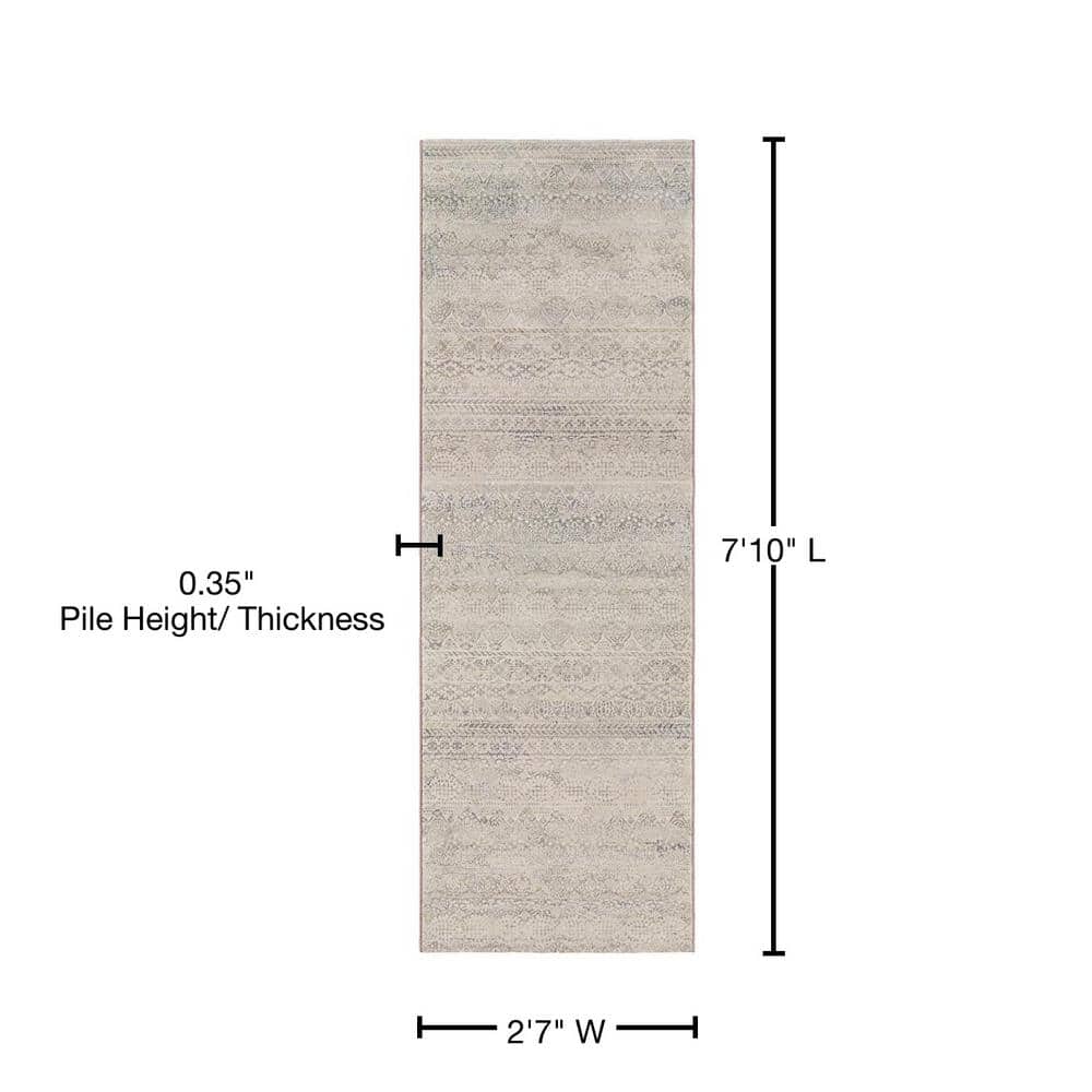 Ivory and Light Grey Floral Synthetic Runner Rug, 2'7" x 7'10"