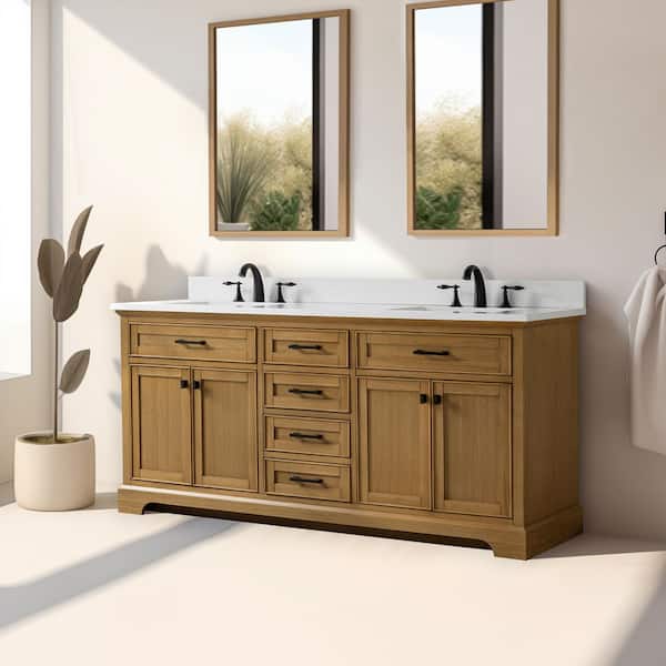 Milano 72 in Double Sink Oak Bath Vanity with White QuartzTop (Assembled)