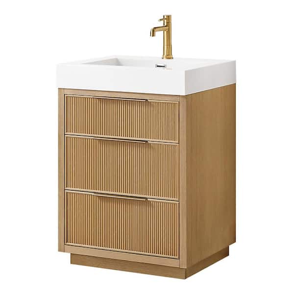 Hohhot 24 in. W x 19.7 in. D x 33.8 in. H Single Bath Vanity in Washed Ash Grey with White Engineered Stone Top