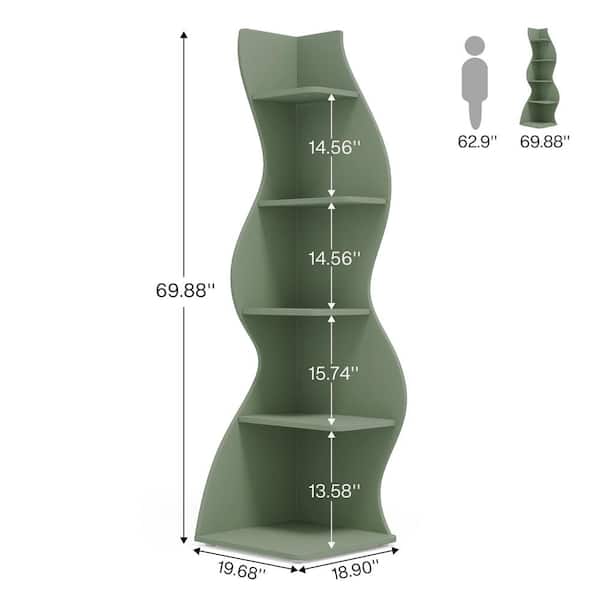 Eulas 69.8 in. Tall Green Engineered Wood 5-Shelf Standard Bookcase Corner Shelf with Storage