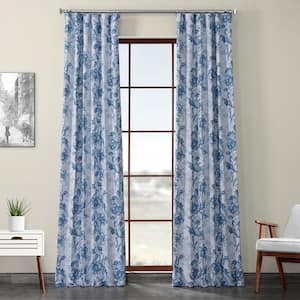 Blue Poppy Printed Linen Textured Room Darkening Curtain - 50 in. W x 108 in. L (1 Panel)