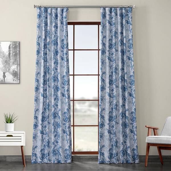 Exclusive Fabrics & Furnishings Blue Poppy Printed Linen Textured Blackout Curtain - 50 in. W x 120 in. L (1-Panel)