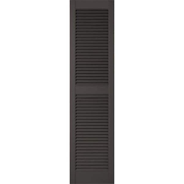 Ekena Millwork 12 in. x 76 in. Lifetime Vinyl Custom Straight Top Center Mullion Open Louvered Shutters Pair Tuxedo Grey