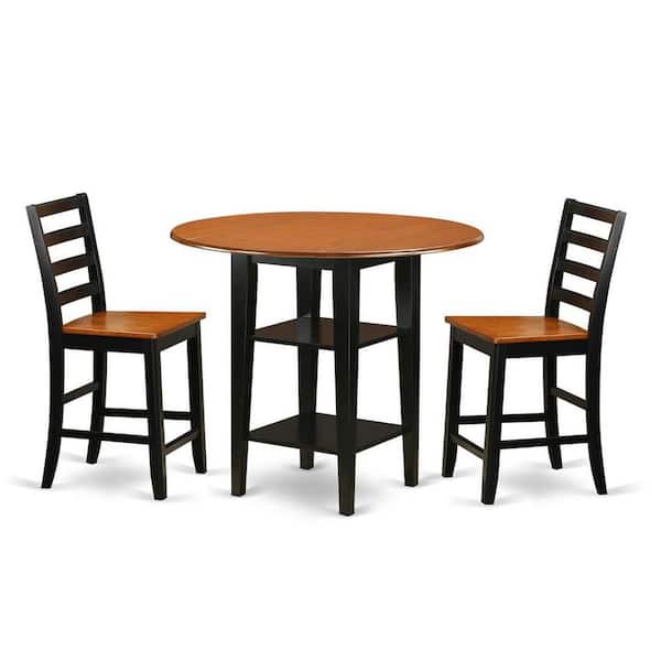 East West Furniture 3-Piece Black and Cherry Finish Round Solid Wood Top Counter Height Dining Table Set
