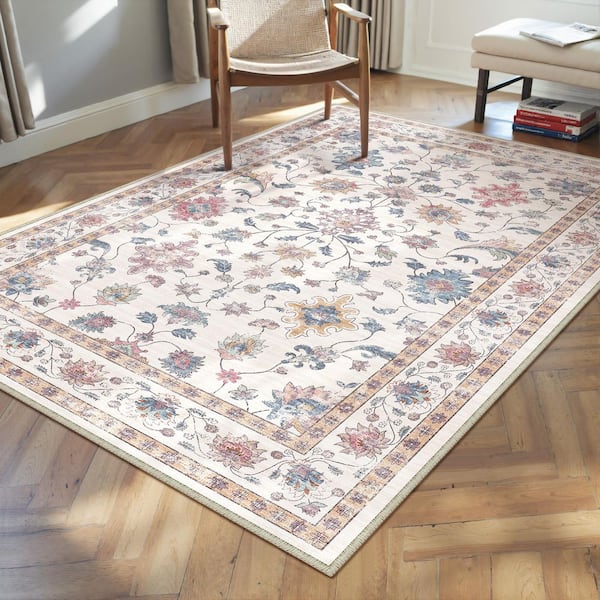 Mystery Garden Beige 3 ft. x 5 ft. Distressed Vintage Floral Washable Area Rug
