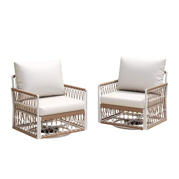 Natural Metal 360° Swivel Outdoor Lounge Chair with Beige Cushions for Patio, Garden, Poolside (2-Pack)