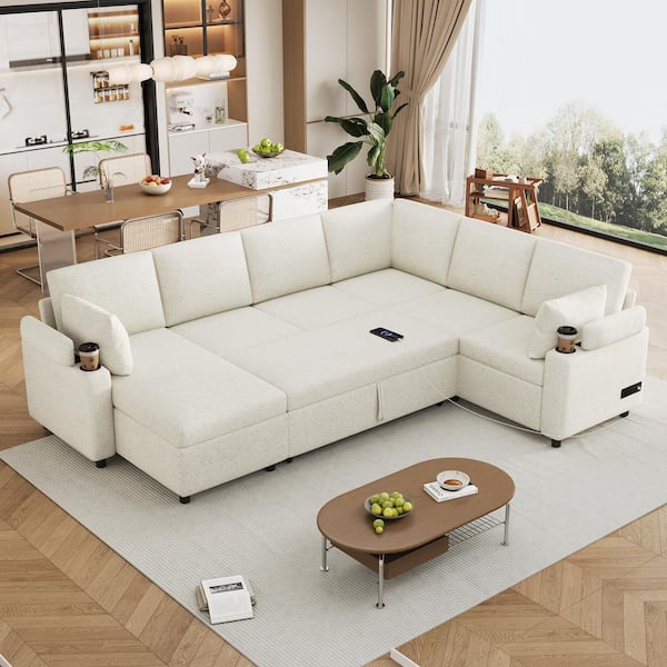 109.9 in. Chenille Sectional Sofa in. Beige with 2 Cup Holders 2 USB Ports Under-Seat and Arm Storage Sofa Sleeper