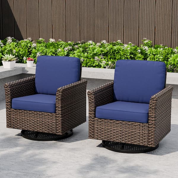 EAGLE PEAK 2-Color Brown Wicker Outdoor Rocking Chair Patio Swivel Chair with Blue Cushions, Wide Armrest (2-Pack)