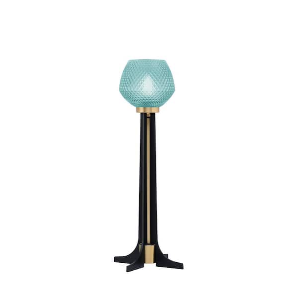 Unbranded Delgado 22 in. Matte Black & New Age Brass Accent Lamp Turquoise Textured Glass Shade