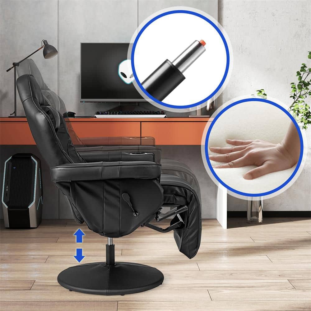 Close-up details of the black faux leather gaming recliner chair texture and components.