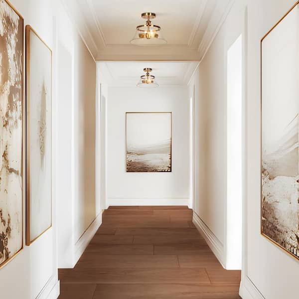Modern 11.8 in. 2-Light Plated Brass Semi-Flush Mount with Bell-Seeded Shade Hallway Foyer Ceiling Light, LED Compatible