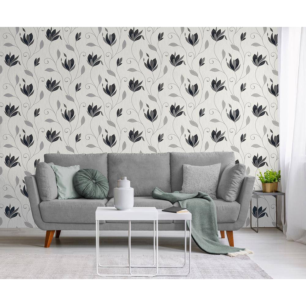 Synergy Black and Silver Floral Removable Wallpaper, 20.5" x 33'