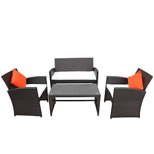 Brown 4-Piece Wicker Patio Conversation Set with Beige Cushions and Coffee Table