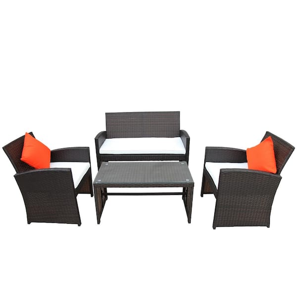 waelph Brown 4-Piece Wicker Patio Conversation Set with Beige Cushions and Coffee Table