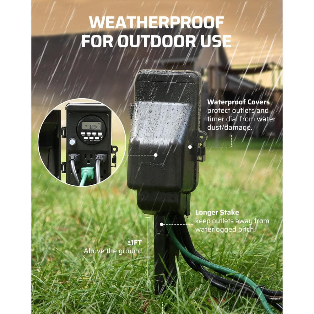 Black Heavy Duty Outdoor Digital Power Stake Timer with 6 Outlets