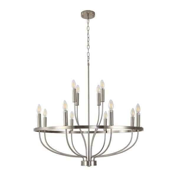 OUKANING 33.4 in. 12-Light Brushed Nickel Modern Round Chandelier for Living Room, No Bulbs Included