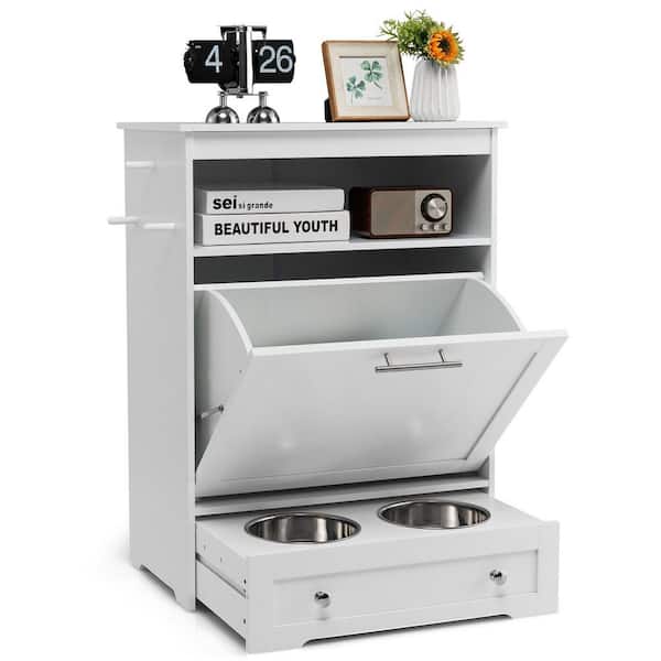 ANGELES HOME 2-Cup Wood Pet Feeder Station with Stainless Steel Bowl in White