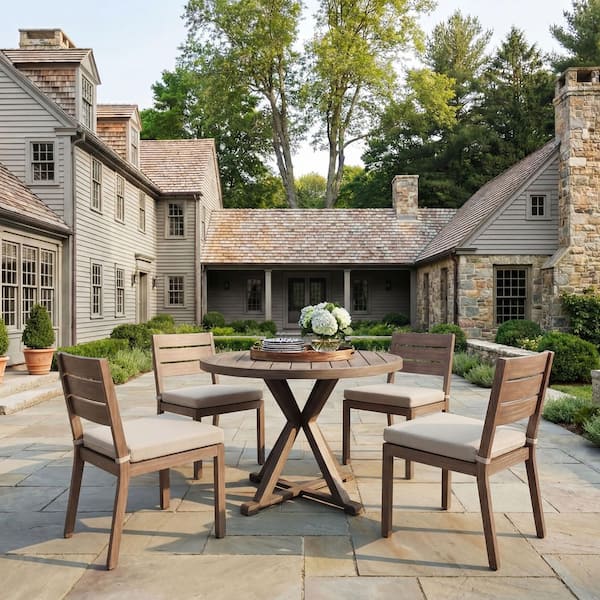 Bedford Brown Brushed Woodgrain Finish 5-Piece Aluminum Round Patio Outdoor Dining Set with w/ 4 Stackale Dining Chairs