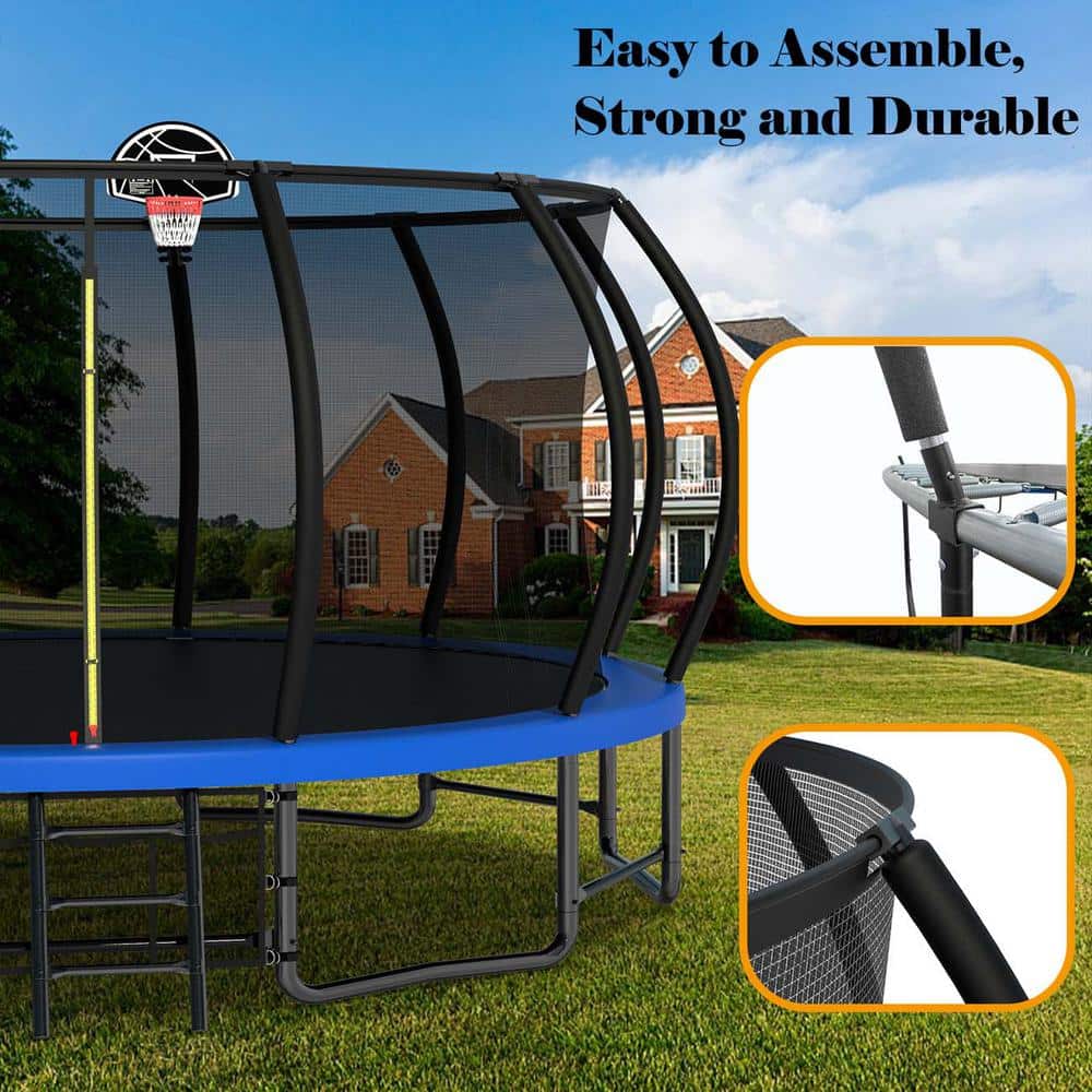 16 ft Round Blue Heavy Duty Outdoor Trampoline with Anti-Rust Coating