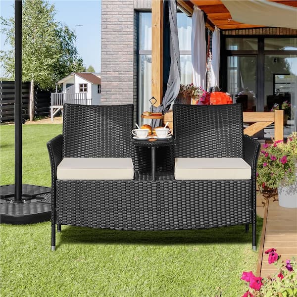 Black Frame Wicker Outdoor Loveseat Patio Conversation Furniture Set with Removable Beige Cushions