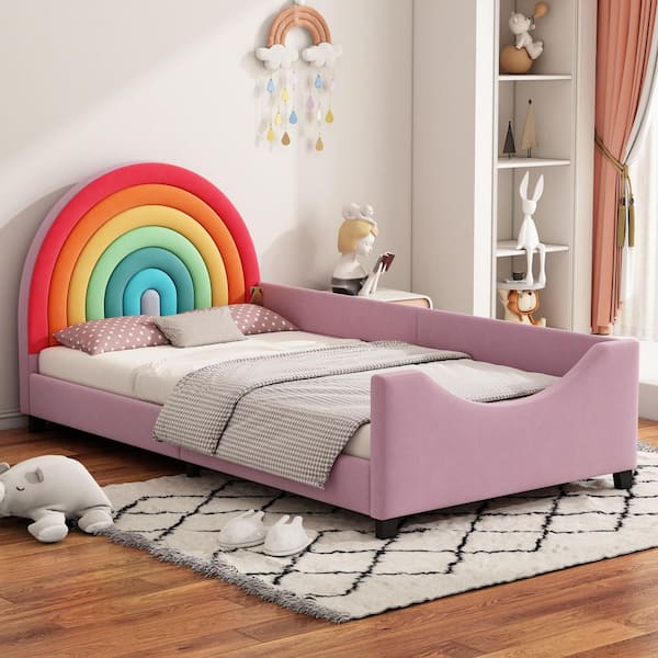 Pink Twin Rainbow Upholstered Daybed with Colorful Headboard