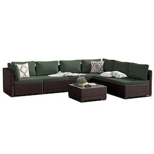 7-Piece Wicker Patio Conversation Seating Set with Pine Green Cushions and Coffee Table