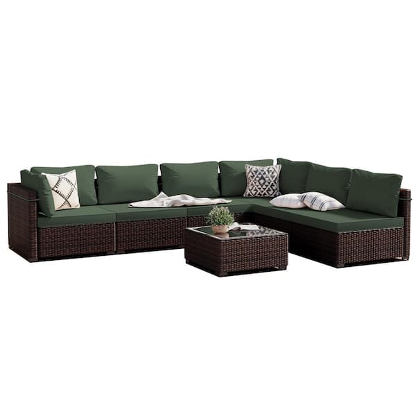 PATIOGUARDER 7-Piece Wicker Patio Conversation Seating Set with Pine Green Cushions and Coffee Table