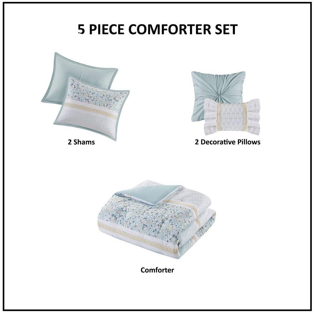 Aqua Seersucker Floral Full Comforter Set with Throw Pillows