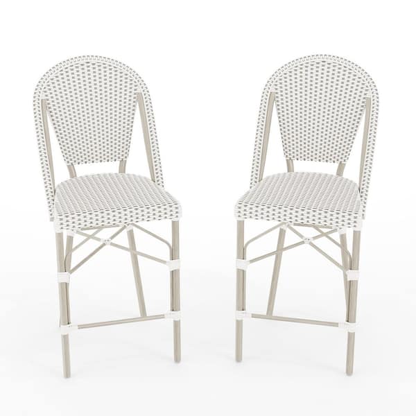 Lily Pond Stackable Aluminum Outdoor Counter Stools with Gray Woodgrain Frame, White/Gray Woven Rattan Back/Seat, 2-Pack