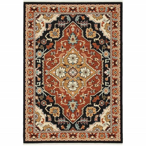 Black/Orange 2 ft. x 3 ft. Oriental Power Loom Area Rug With Fringe